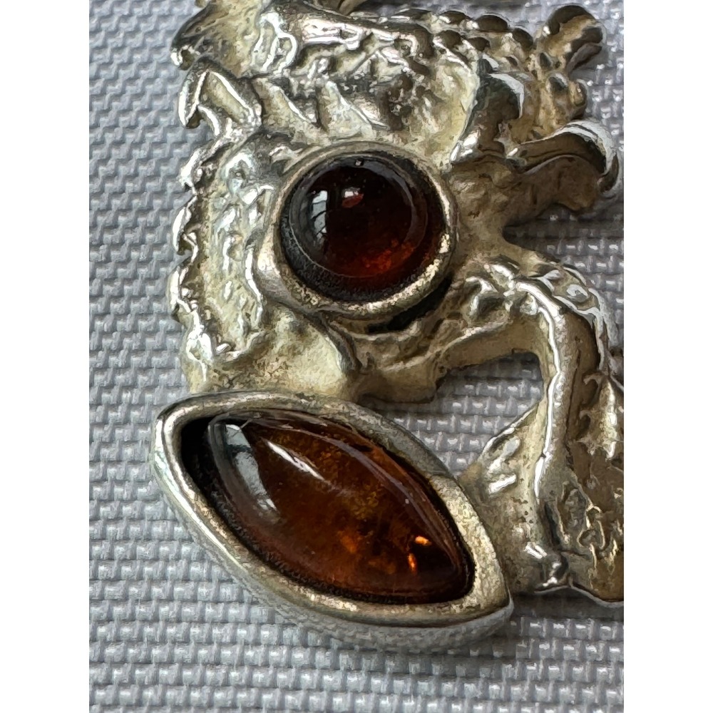 Sterling Silver Dragon Pendant with Amber Gemstones Mythical Jewelry